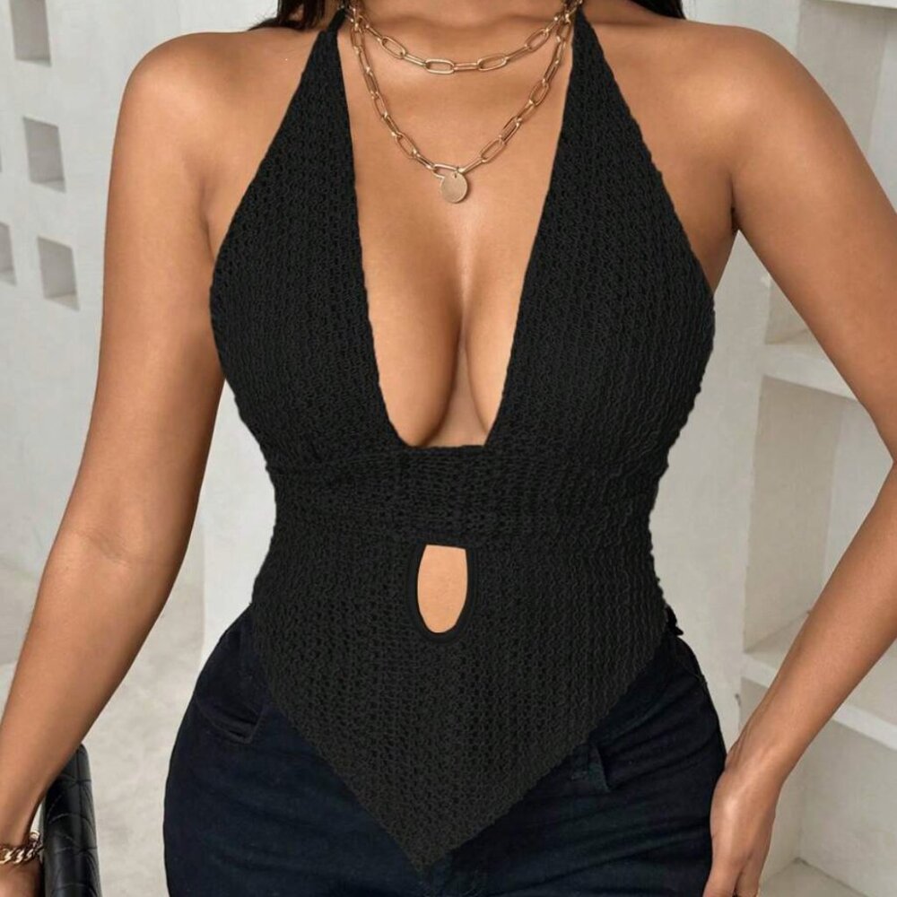 Deep V Halter Neck Top Double Tie